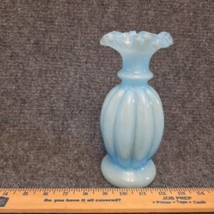 Vintage Unmarked Blue Opalescent Glass Ribbed Bud Vase Ruffled Top Small Decor